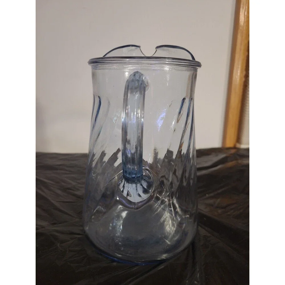 Vintage Indiana Blue Swirled Glass Water Pitcher with Ice Lip 9.25” H